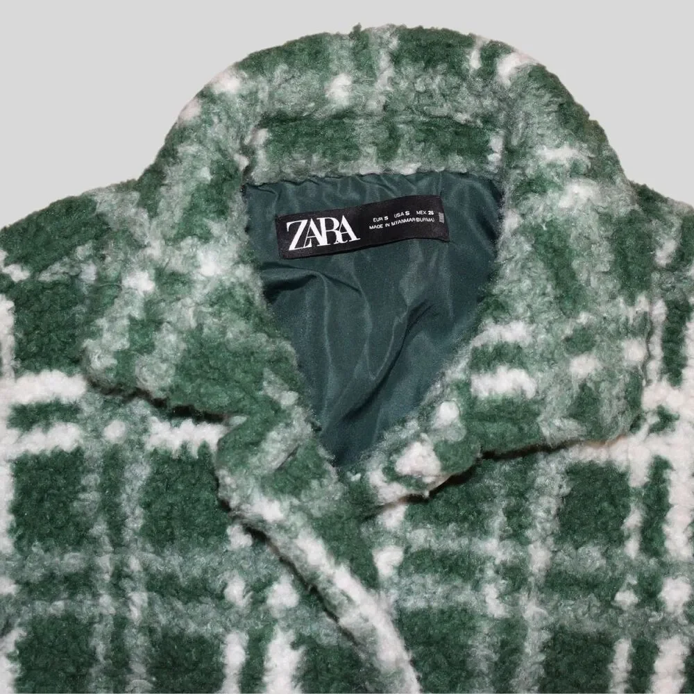 ZARA Women's Combination Plaid Fleece/ Teddy Oversized Jacket Green Size S
